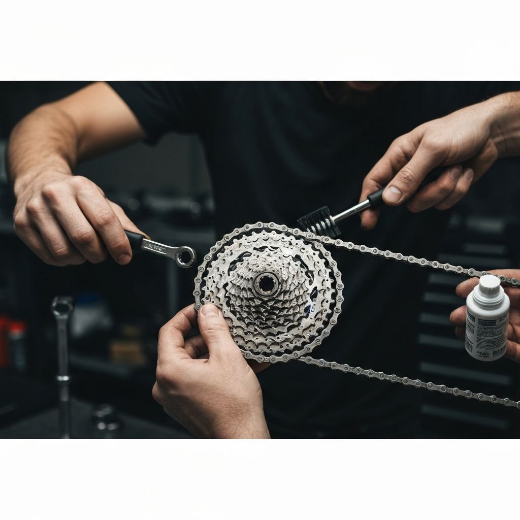 전문 기술자의 자전거 정비 작업